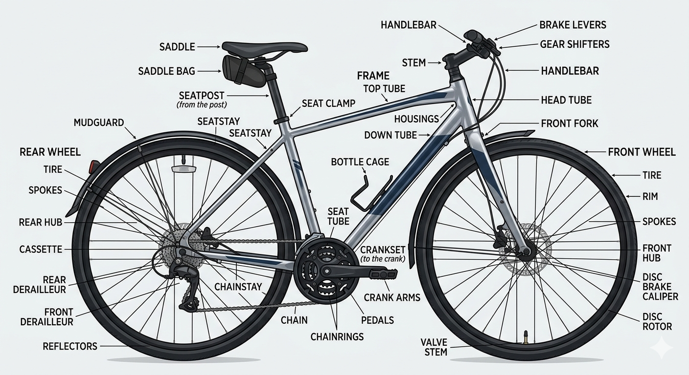 Labeled diagram of a hybrid bicycle showing adjustable fit parts—including the saddle, seatpost, handlebars, stem, crankset, and pedals—with arrows identifying each component.